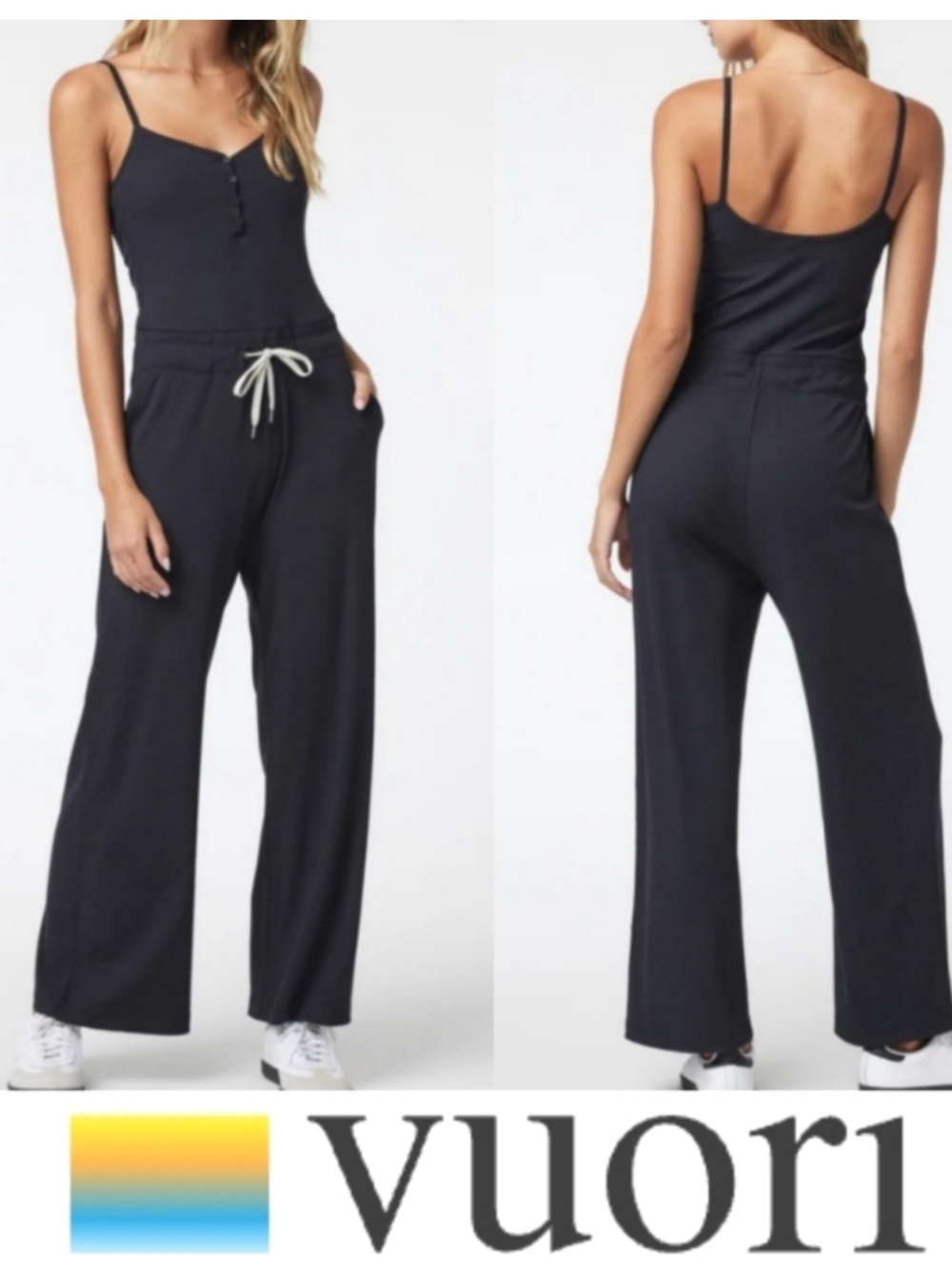 Vuori Black Wide-Leg Spaghetti-Strap Jumpsuit